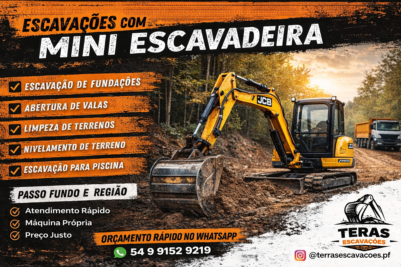 Mini escavadeira da TERAS ESCAVAÇÕES em serviço de terraplanagem